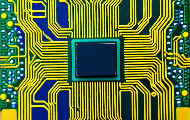 **
A close-up, slightly abstracted, colorful representation of the internal structure of a computer chip, emphasizing the intricate network of logic gates. Use vibrant blues, greens, and yellows to highlight the flow of data and processing within the chip.
**