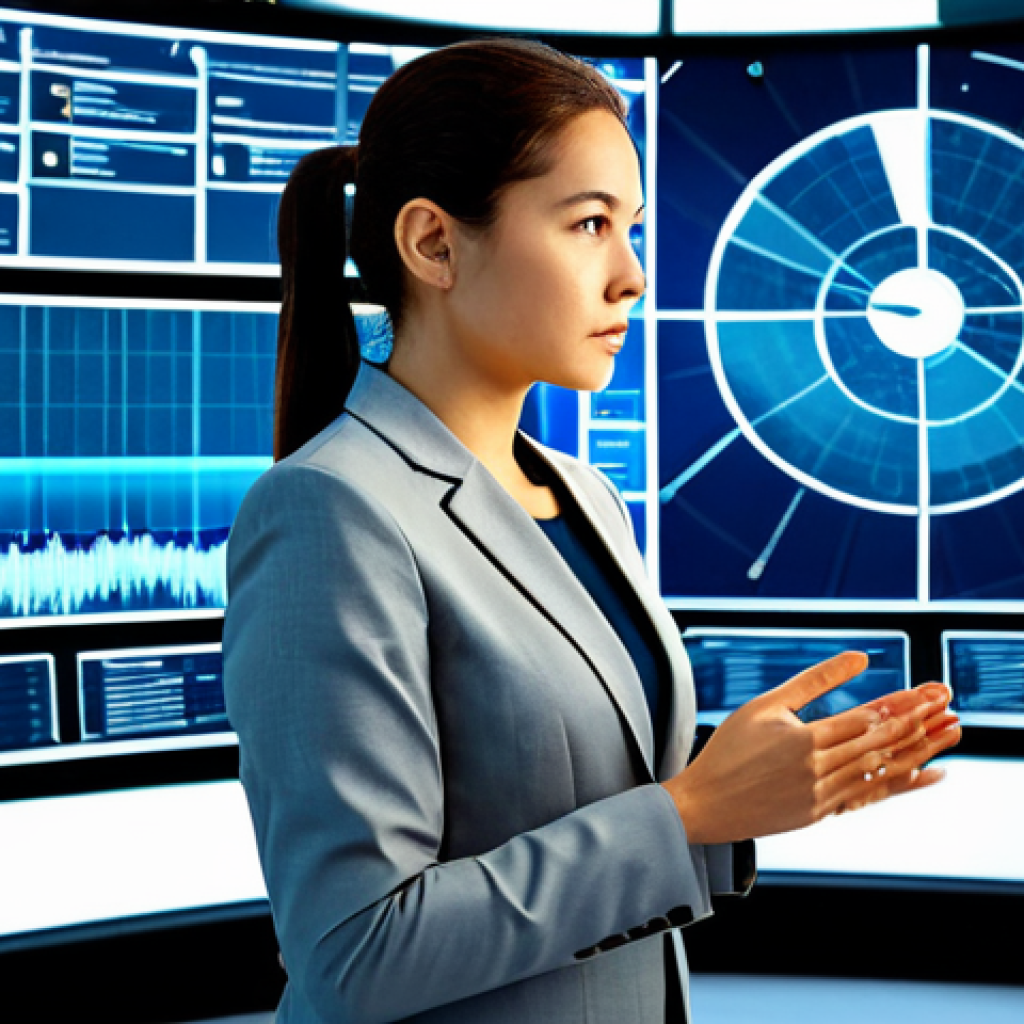 A professional female engineer, fully clothed in a modest business suit, standing confidently in a futuristic smart grid control center. Large, curved digital displays in the background show complex real-time energy flow visualizations, including stylized representations of wind turbines and solar panels. The engineer is observing the data with a focused, professional expression. The setting is clean, modern, and well-lit, emphasizing advanced technology and efficiency. Perfect anatomy, correct proportions, natural pose, well-formed hands, proper finger count, natural body proportions, professional photography, high-quality, ultra-realistic, safe for work, appropriate content, fully clothed, professional dress, family-friendly.