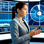 A professional female engineer, fully clothed in a modest business suit, standing confidently in a futuristic smart grid control center. Large, curved digital displays in the background show complex real-time energy flow visualizations, including stylized representations of wind turbines and solar panels. The engineer is observing the data with a focused, professional expression. The setting is clean, modern, and well-lit, emphasizing advanced technology and efficiency. Perfect anatomy, correct proportions, natural pose, well-formed hands, proper finger count, natural body proportions, professional photography, high-quality, ultra-realistic, safe for work, appropriate content, fully clothed, professional dress, family-friendly.