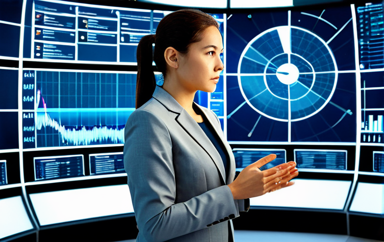 A professional female engineer, fully clothed in a modest business suit, standing confidently in a futuristic smart grid control center. Large, curved digital displays in the background show complex real-time energy flow visualizations, including stylized representations of wind turbines and solar panels. The engineer is observing the data with a focused, professional expression. The setting is clean, modern, and well-lit, emphasizing advanced technology and efficiency. Perfect anatomy, correct proportions, natural pose, well-formed hands, proper finger count, natural body proportions, professional photography, high-quality, ultra-realistic, safe for work, appropriate content, fully clothed, professional dress, family-friendly.