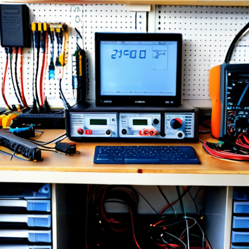 Home 24 전기 회로 이론 - **Prompt:** A well-organized electronics workbench with a multimeter displaying a voltage reading, v...