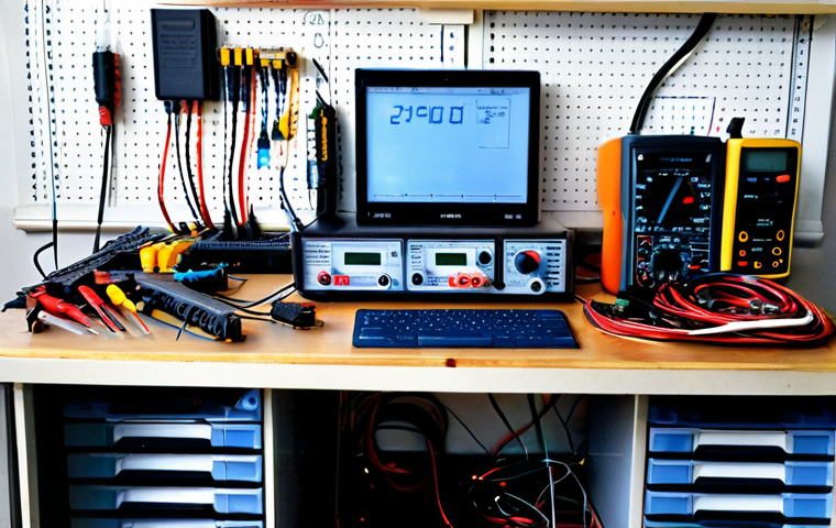 전기 회로 이론 - **Prompt:** A well-organized electronics workbench with a multimeter displaying a voltage reading, v...