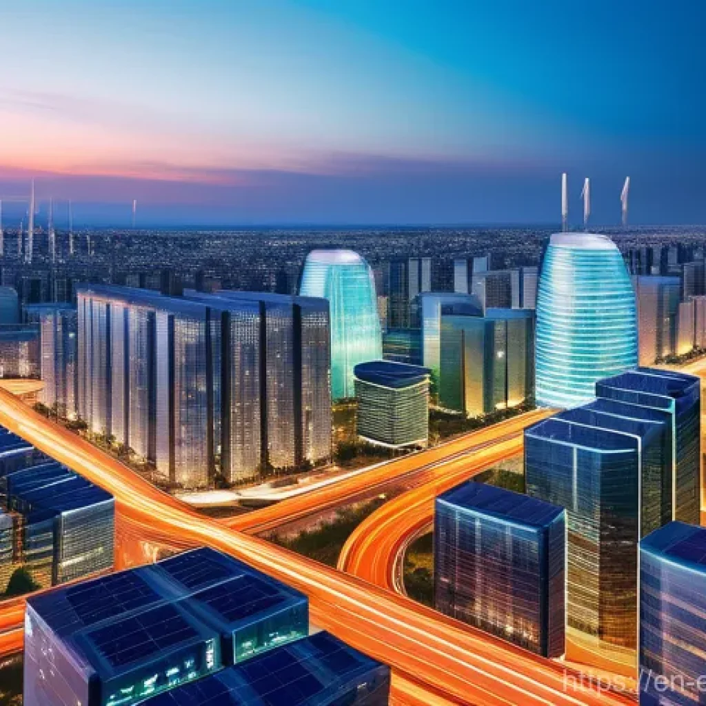 전력 시스템의 스마트 그리드 - **Prompt:** A dynamic, high-angle panoramic view of a bustling, futuristic city at dusk, showcasing ...