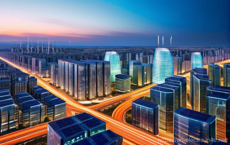 전력 시스템의 스마트 그리드 - **Prompt:** A dynamic, high-angle panoramic view of a bustling, futuristic city at dusk, showcasing ...