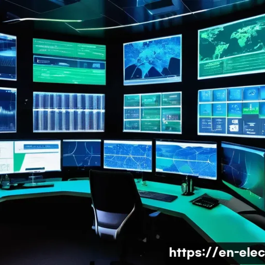 스마트 그리드 시스템 - A futuristic smart grid control room bustling with activity, featuring large digital screens display...