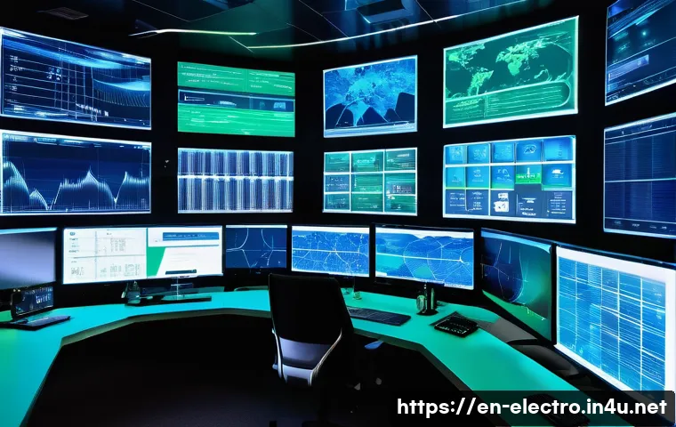 스마트 그리드 시스템 - A futuristic smart grid control room bustling with activity, featuring large digital screens display...