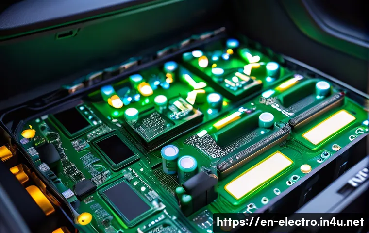 배터리 관리 시스템 - A highly detailed close-up of a modern lithium-ion battery pack inside an electric vehicle, showcasi...
