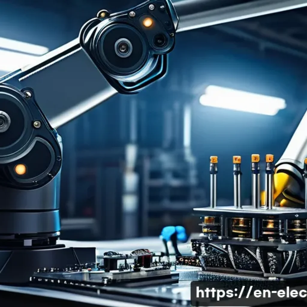 전기공학의 로봇 산업 응용 - A high-tech robotic arm in an industrial factory setting, showcasing advanced motor drives with visi...