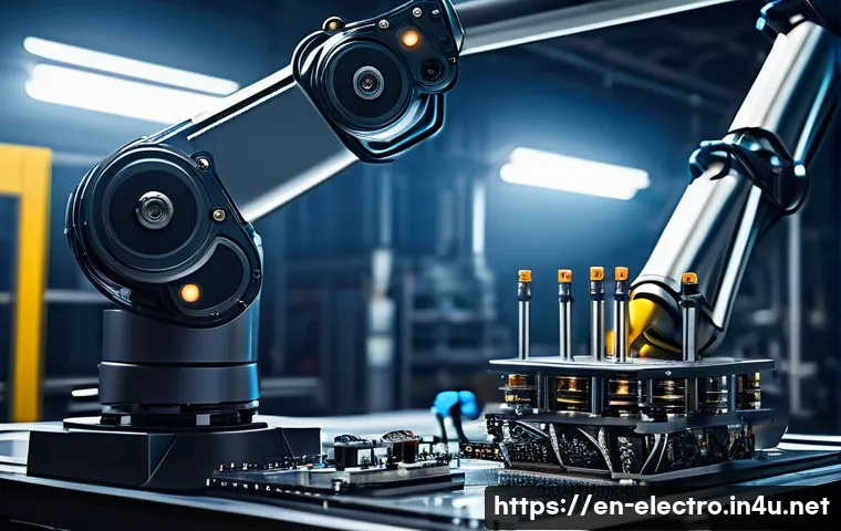 전기공학의 로봇 산업 응용 - A high-tech robotic arm in an industrial factory setting, showcasing advanced motor drives with visi...