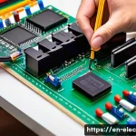 Home 21 전기회로 해석 및 계산 - A detailed educational illustration of an electronic circuit breadboard setup featuring resistors, c...