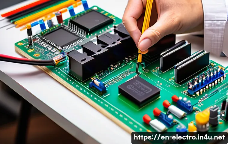 전기회로 해석 및 계산 - A detailed educational illustration of an electronic circuit breadboard setup featuring resistors, c...