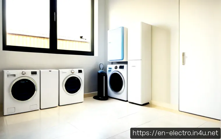 전기기기 종류 - Photorealistic modern home utility room showcasing common electrical devices: wall-mounted electrica...