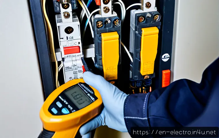 전류 측정 장비 - Photorealistic close-up of an electrician measuring current in a residential circuit breaker panel w...