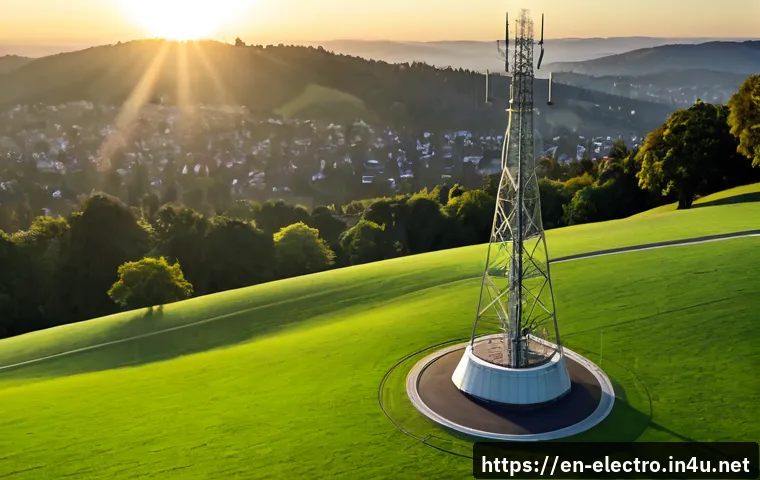 전자기파의 전파 - Photorealistic wide shot of a modern radio transmission tower on a green hillside at sunrise, subtle...