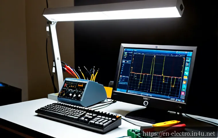 회로 분석기 - Photorealistic electronics workbench with a modern handheld circuit analyzer connected to a small pr...